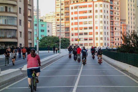 citizens walk the viaduct known as Elevated highway Minhocao, or Elevado Presidente Joao Goulart, in Sao Paulo downtown, Brazilのeditorial素材