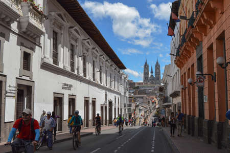Street in Quito downtown, with colonial and colored architecture. Ecuadorのeditorial素材