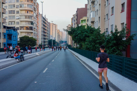 citizens walk the viaduct known as Elevated highway Minhocao, or Elevado Presidente Joao Goulart, in Sao Paulo downtown, Brazilのeditorial素材