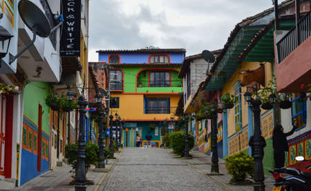 streetview of colourful buildings facade in Guatape, Colombia. cityscapeのeditorial素材