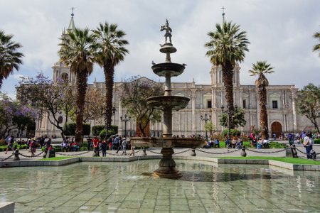 Arequipa, Peru: Basilica Cathedral, historic church at city downtown, beside Army Plazaのeditorial素材