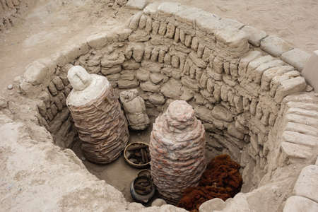 replicas of mummies in Huaca Pucllana Archeological Site, in Miraflores, Lima, Peruの写真素材