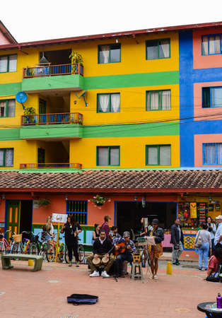 streetview of colourful buildings facade in Guatape, Colombia. cityscapeのeditorial素材