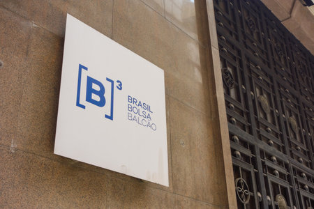 Sao Paulo, Brazil: B3 brazilian stock Exchange board on company building facadeのeditorial素材