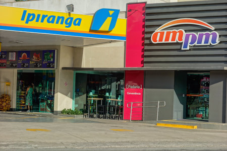 Sao Paulo, Brazil: front view of Brazilian oil company and gas station Ipiranga. Brand logo. high quality photoのeditorial素材