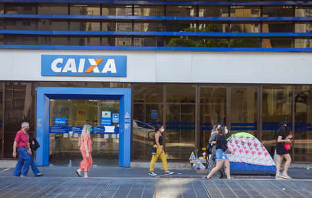 Sao Paulo, Brazil: front view of brazilian bank CAIXA. Brand logoのeditorial素材