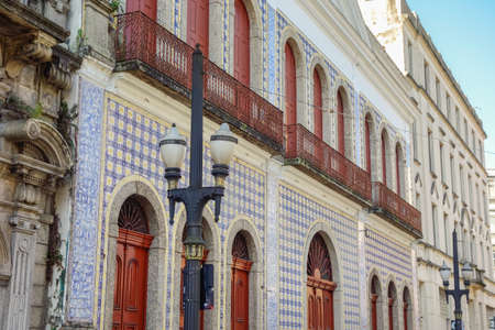 tiled facade of historic colonial building in Santos city, Brazil