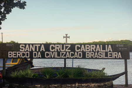 Santa Cruz Cabralia, Bahia, Brazil: signboard cradle of Brazilian civilization, or Berco da Civilizacao brasileiraのeditorial素材