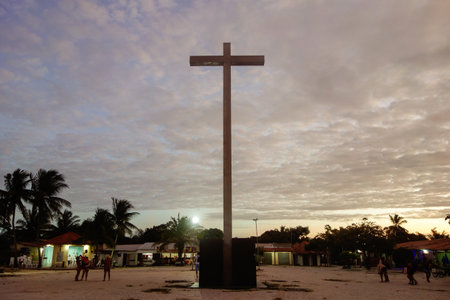 Coroa Vermelha, Bahia, Brazil: cross indicating the location of the first Catholic Mass held in Brazilのeditorial素材