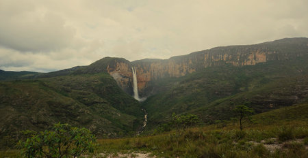 wide view of huge Tabuleiro waterfall in rainy season. Conceicao do Mato Dentro, MG, Brazil