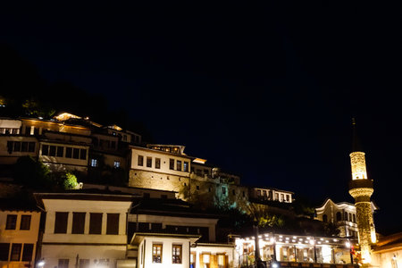 Berat, historic city in south of Albania, at night.