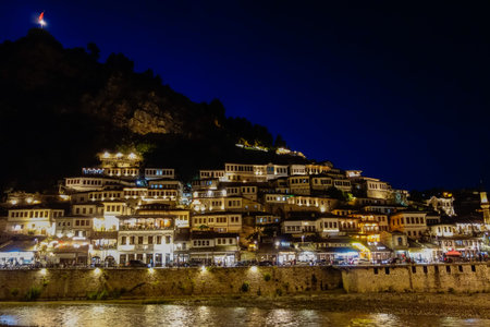 Berat, historic city in south of Albania, at night.