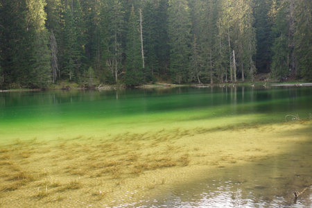 sunset reflects over green surface of Zminje lake in Durmitor National Park, Zabljak, Montenegro.