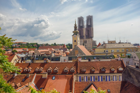 Zagreb, Croatia - 05.16.2025: rooftops of ancient buildings in old town, cityscape.の写真素材