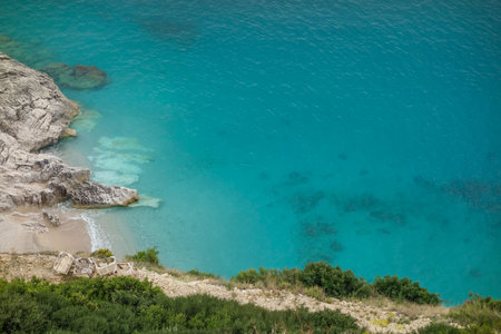private and secluded paradise beach on the Albanian coast, aerial view.の写真素材