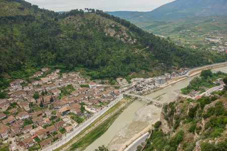 panoramic view of Berat city and Osum river in Albania. the UNESCO World Heritage Site.