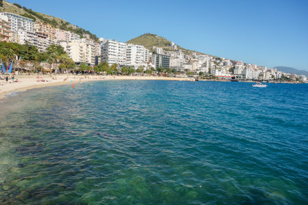 panoramic view of Saranda beach and cityscape, on the Albanian riviera coast.の写真素材