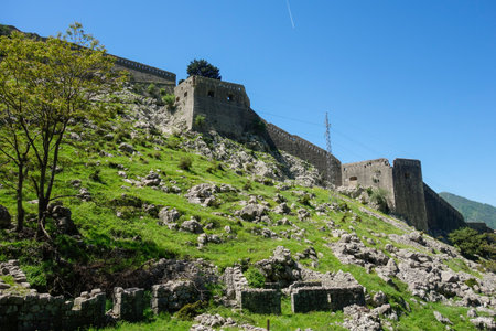 old stone wall of Kotor fortress in Kotor bay, Montenegro.