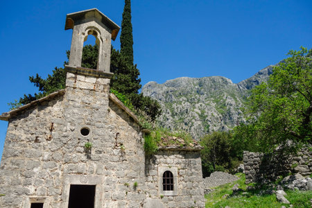 ruins of St. Juraj Church besides Kotor fortress. Kotor bay, Montenegro.