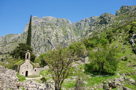 ruins of St. Juraj Church besides Kotor fortress. Kotor bay, Montenegro.
