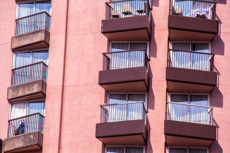 Balcony view, urban city. Shot of a modern high building veranda at Cairo Egypt, photo is selective focus with shallow depth of fieldの写真素材