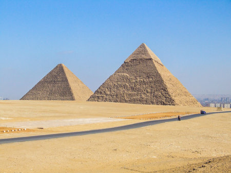 Egypt Antiquities, Archeology photography, Seven Wonders of the World. Great Pyramids of Giza, Chephren Pyramid, selective focus, shallow depth of field. Cairo Egypt 22 Sept 2008の写真素材