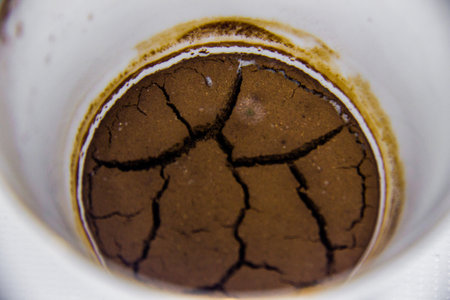 Dry cracked coffee grounds remaining at the bottom of the cup, brown red, beige, coffee leftover for many days in a white mug, macro closeup shot, food and drink abstract shot, photo is selective focus with shallow depth of fieldの写真素材