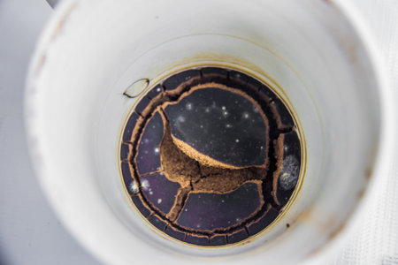 Rotten spoiled dry cracked coffee grounds remaining at the bottom of the cup, brown red, beige,...