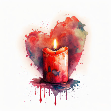 Valentine's Day greeting card with burning candle and heart. Vector illustration.の素材