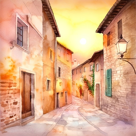 Alleyway. Tuscany. Italy. Digital watercolor painting. AI generatedの素材