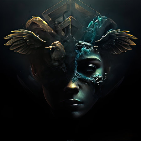 Mysterious woman with angel wings on dark background. 3d rendering, AI generatedの素材