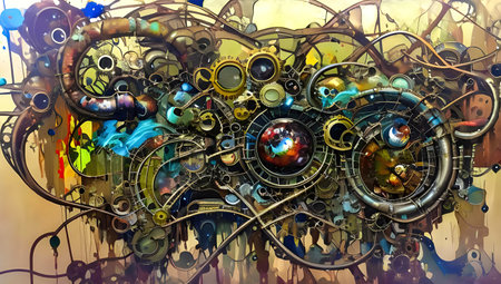 abstract colorful background with gears and cogwheels, digital painting, steampunk machinary, AI generatedの素材