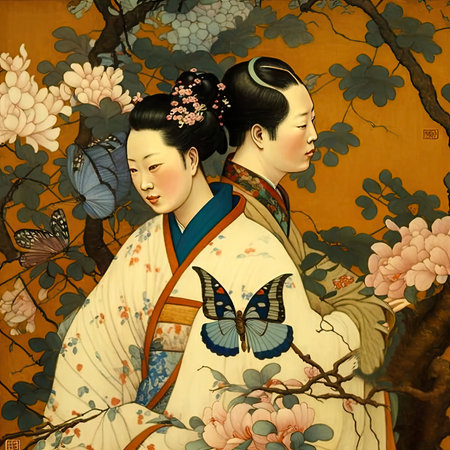 Kimono, asian women with butterflies, original painting, AI generatedの素材