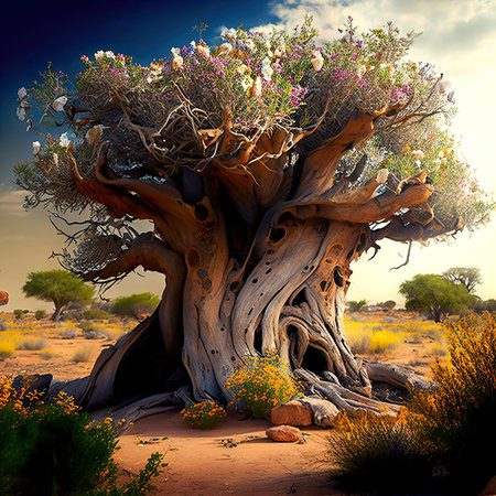 Flowering, very old african baobab tree in the Namib desert, AI generatedの素材