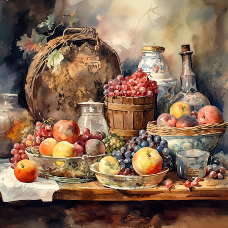 Watercolor still life with grapes, fruits and bottle of wine. AI generatedの素材