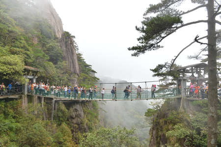 Crossing a suspension bridgeのeditorial素材