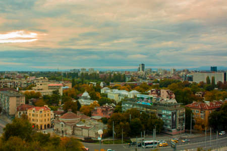 Aerial view of the city of Kiev, Ukraine, at sunsetの写真素材
