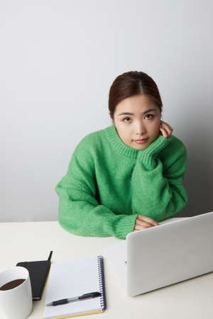 Young woman studying using laptop. SME entrepreneur or freelance life style concept.の写真素材