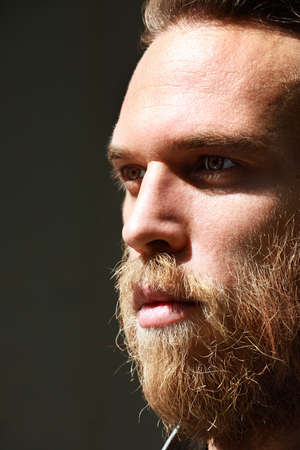 Vertical close-up of brutal man with ginger thick beard, looks thoughtfully aside, posing over black...