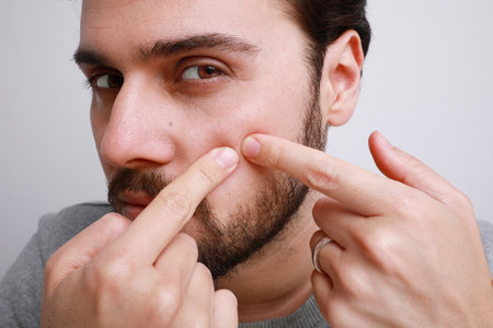 Handsome bearded young man touching his face and crushing pimple, skin care.の写真素材