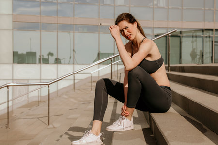 A sporty and fit woman standing in front of a building.の写真素材
