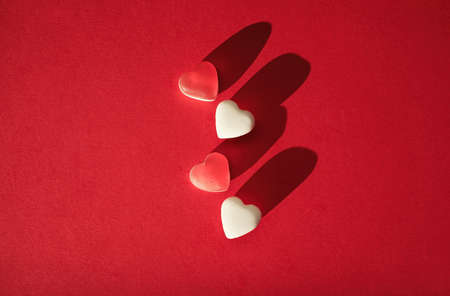 Top view of sweet candies, mock up red heart. Valentine day concept.の写真素材