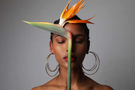 Close-up of beautiful African young woman with exotic flower posing indoor.