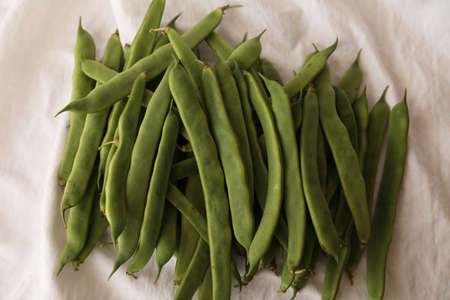 Raw green string beans on white background with copy space. Mock-up.