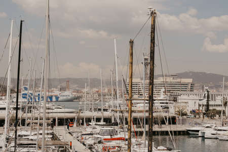 Close-up view of yacht port in the Mediterranean city. Mock-up.の写真素材