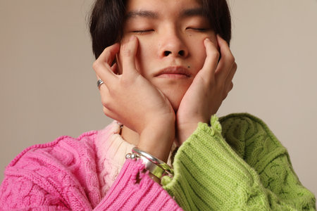 Close-up of young Asian man with closed eyes posing indoor. Mindset concept.