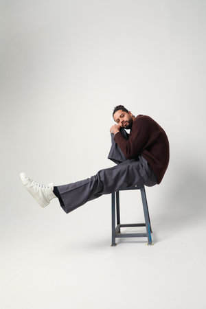 Handsome bearded man posing on white. Mind set and mental health. Vertical.の写真素材