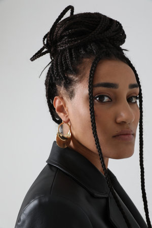Young African American woman with dark braids, posing indoor. Vertical.の写真素材