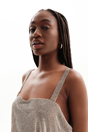 Young and beautiful African American woman. Vertical mock-up.の写真素材