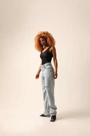 Young African American woman with afro hairstyle posing indoor. Vertical mock-upの写真素材